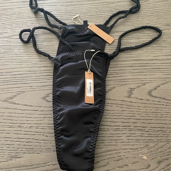 Skims Woven Shine Scrunchie String Thong In Black - Picture 3 of 5